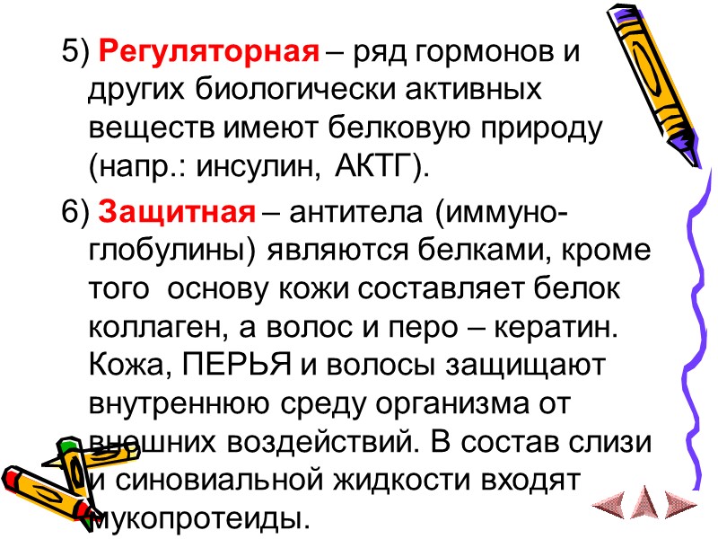 5) Регуляторная – ряд гормонов и других биологически активных веществ имеют белковую природу (напр.: